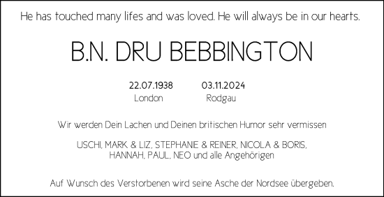 Todesanzeige von B.N. Dru Bebbington von OF