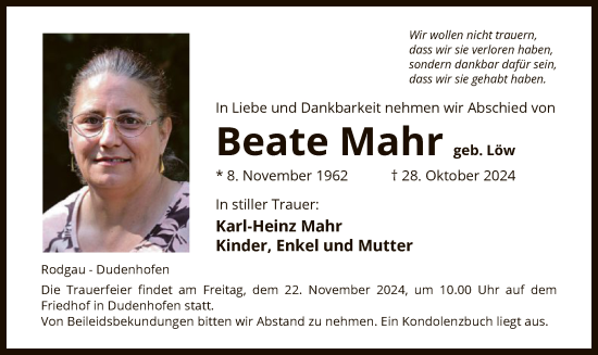 Todesanzeige von Beate Mahr von OF