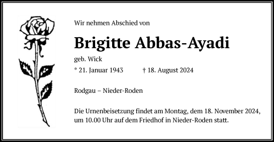 Todesanzeige von Brigitte Abbas-Ayadi von OF