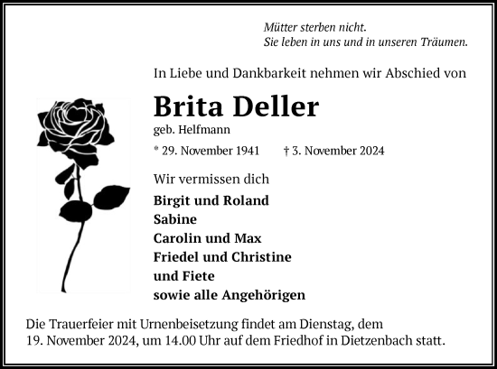 Todesanzeige von Brita Deller von OF