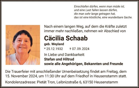 Todesanzeige von Cäcilia Schaab von OF