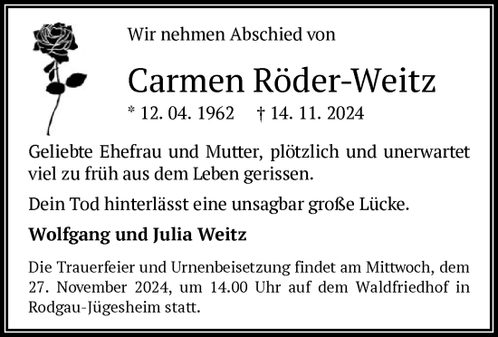 Todesanzeige von Carmen Röder-Weitz von OF