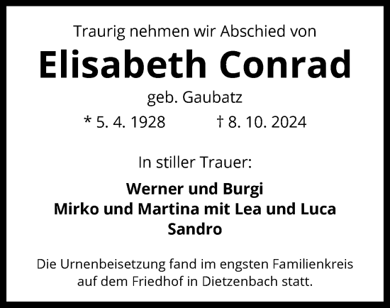 Todesanzeige von Elisabeth Conrad von OF