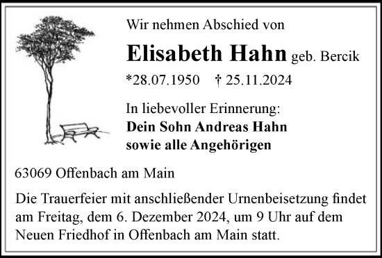 Todesanzeige von Elisabeth Hahn von OF