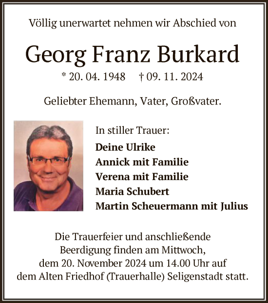 Todesanzeige von Georg Franz Burkard von OF