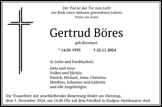 Todesanzeige von Gertrud Böres von OF