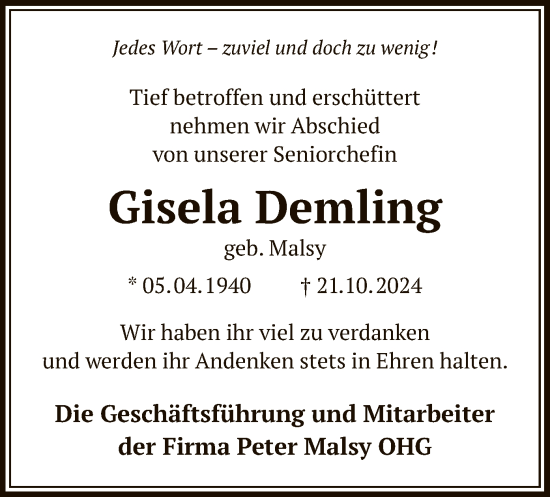 Todesanzeige von Gisela Demling von OFOF