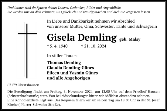 Todesanzeige von Gisela Demling von OF