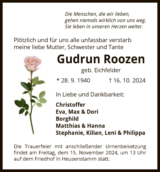 Todesanzeige von Gudrun Roozen von OF