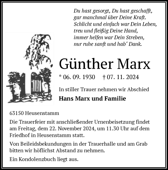 Todesanzeige von Günther Marx von OF