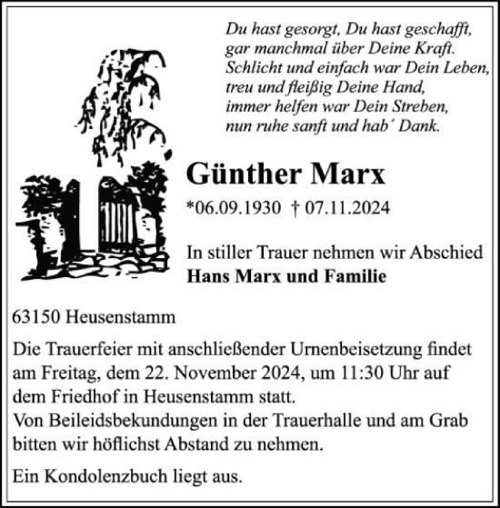 Todesanzeige von Günther Marx von OF