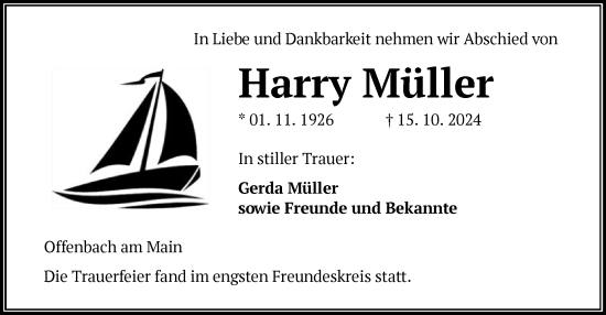 Todesanzeige von Harry Müller von OF