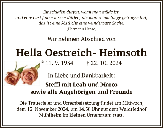 Todesanzeige von Hella Oestreich-Heimsoth von OF