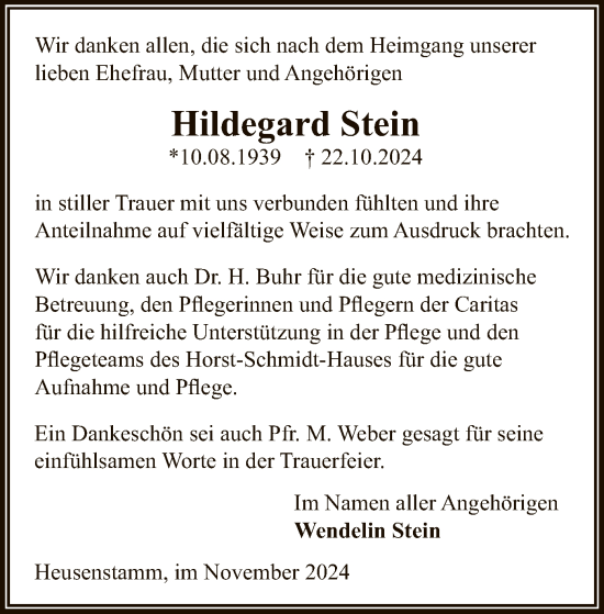 Todesanzeige von Hildegard Stein von OF