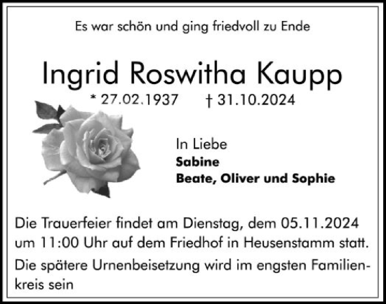 Todesanzeige von Ingrid Roswitha Kaupp von OF