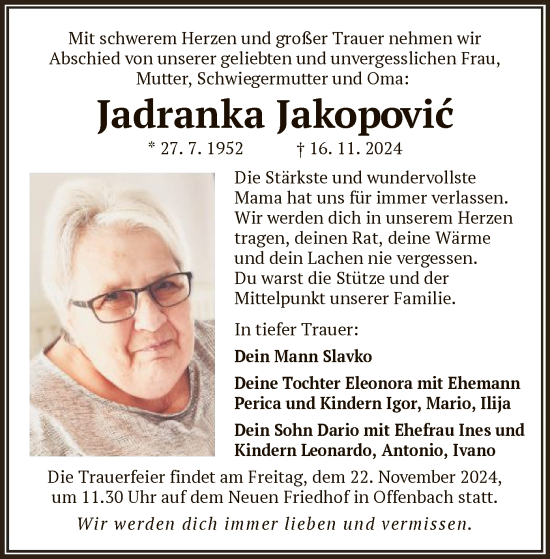 Todesanzeige von Jadranka Jakopovic von OF