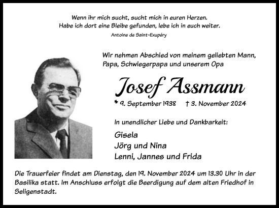 Todesanzeige von Josef Assmann von OF