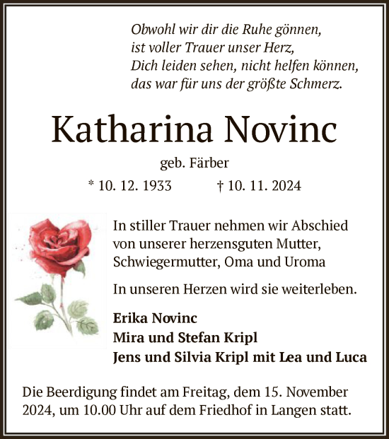 Todesanzeige von Katharina Novinc von OF