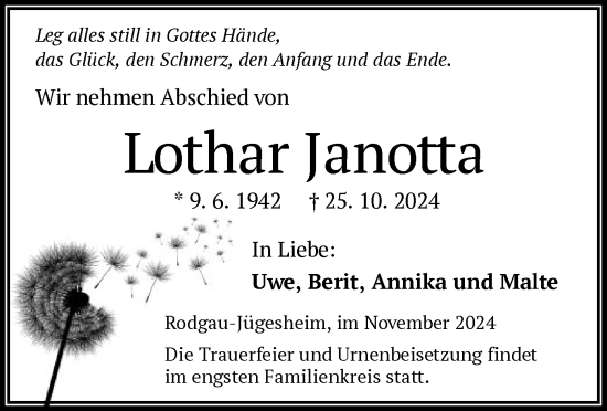 Todesanzeige von Lothar Janotta von OF