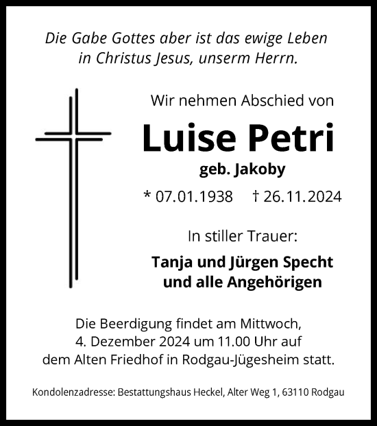 Todesanzeige von Luise Petri von OF