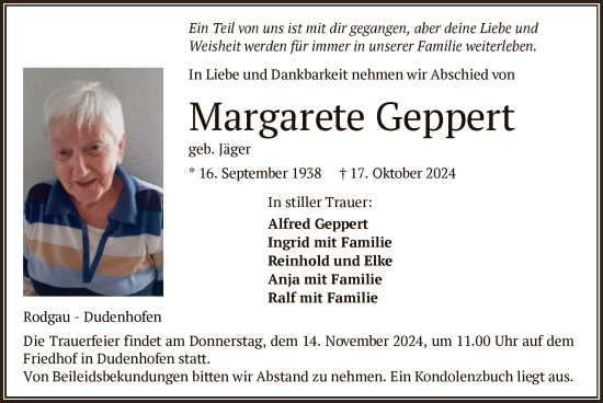 Todesanzeige von Margarete Geppert von OF