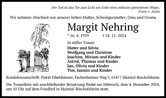 Todesanzeige von Margit Nehring von OF