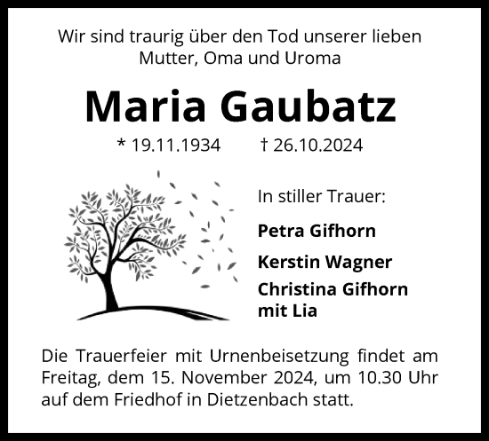 Todesanzeige von Maria Gaubatz von OF