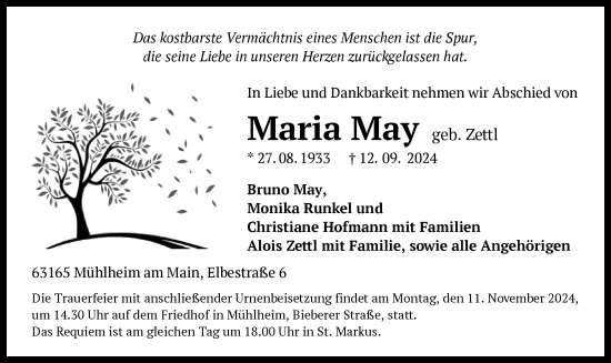 Todesanzeige von Maria May von OF