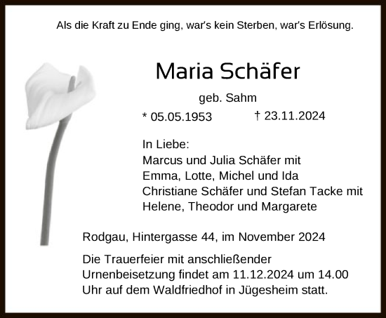 Todesanzeige von Maria Schäfer von OF