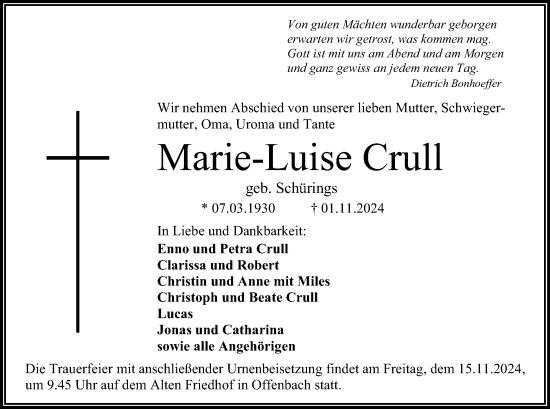 Todesanzeige von Marie-Luise Crull von OF