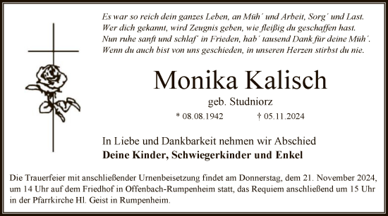 Todesanzeige von Monika Kalisch von OF