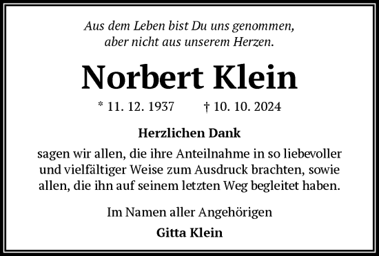 Todesanzeige von Norbert Klein von OF