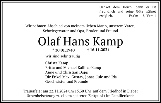 Todesanzeige von Olaf Hans Kamp von OF