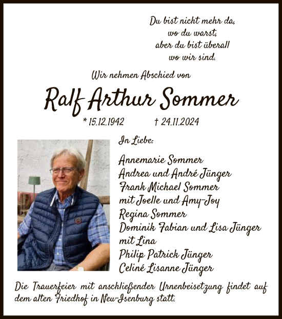 Todesanzeige von Ralf Arthur Sommer von OF