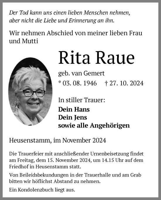 Todesanzeige von Rita Raue von OF