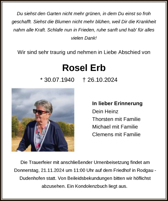 Todesanzeige von Rosel Erb von OF