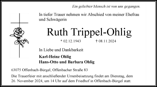 Todesanzeige von Ruth Trippel-Ohlig von OF