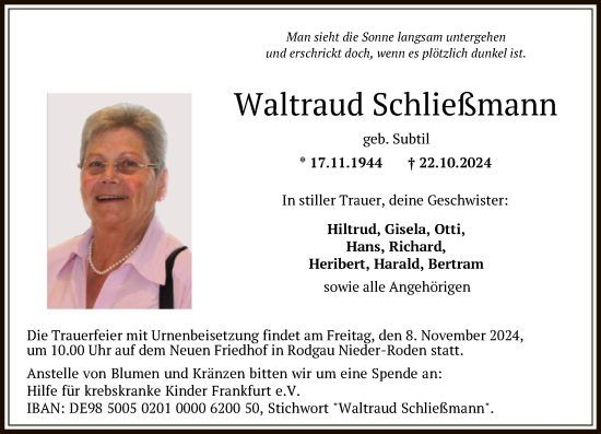 Todesanzeige von Waltraud Schließmann von OF