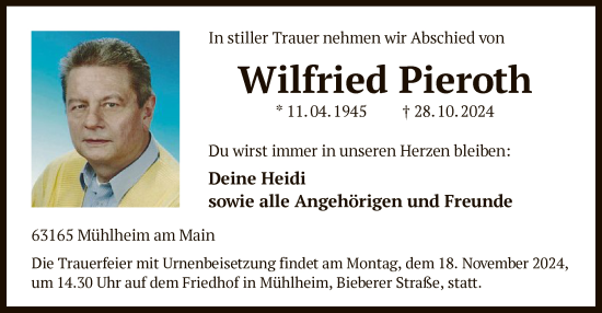 Todesanzeige von Wilfried Pieroth von OF