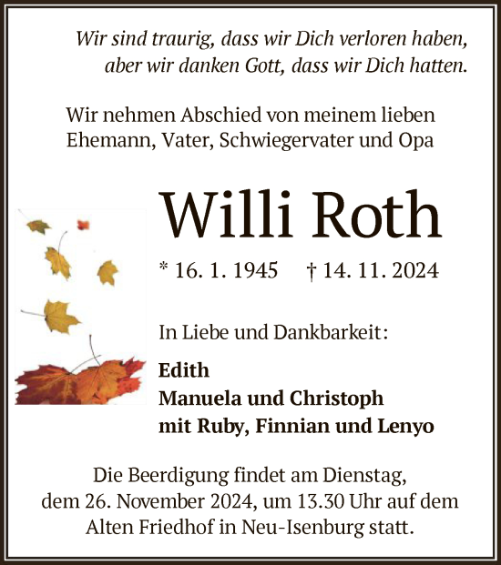 Todesanzeige von Willi Roth von OF