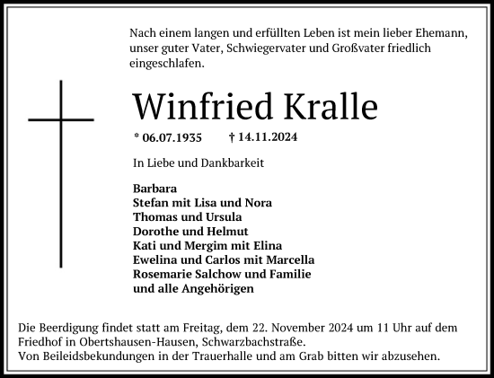 Todesanzeige von Winfried Kralle von OF