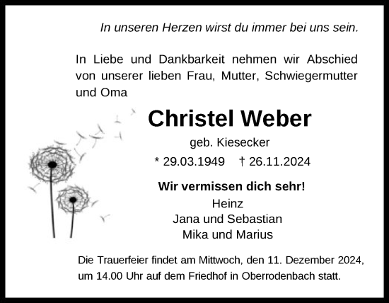 Todesanzeige von Christel Weber von OF