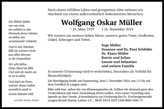 Todesanzeige von Wolfgang Oskar Müller von OF