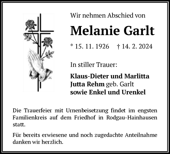 Todesanzeige von Melanie Garlt von OF