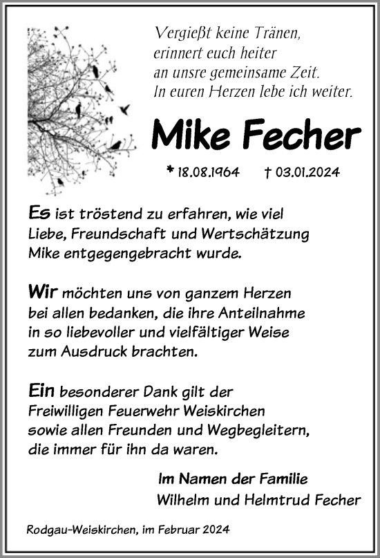 Todesanzeige von Mike Fecher von OF