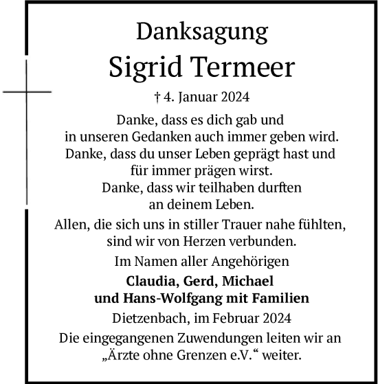 Todesanzeige von Sigrid Termeer von OF