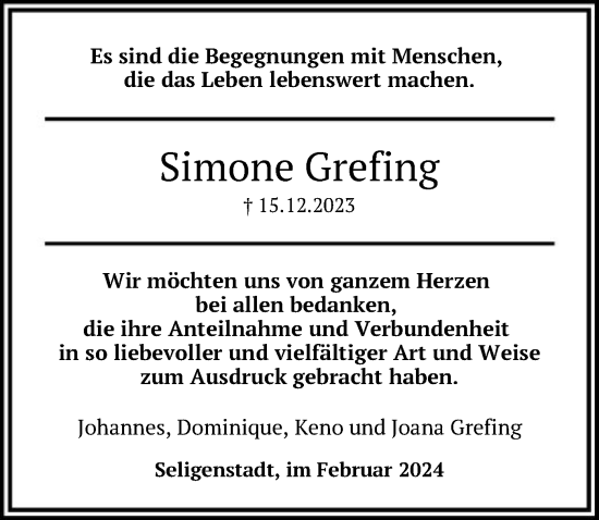 Todesanzeige von Simone Grefing von OF