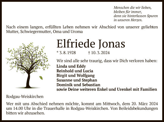 Todesanzeige von Elfriede Jonas von OF