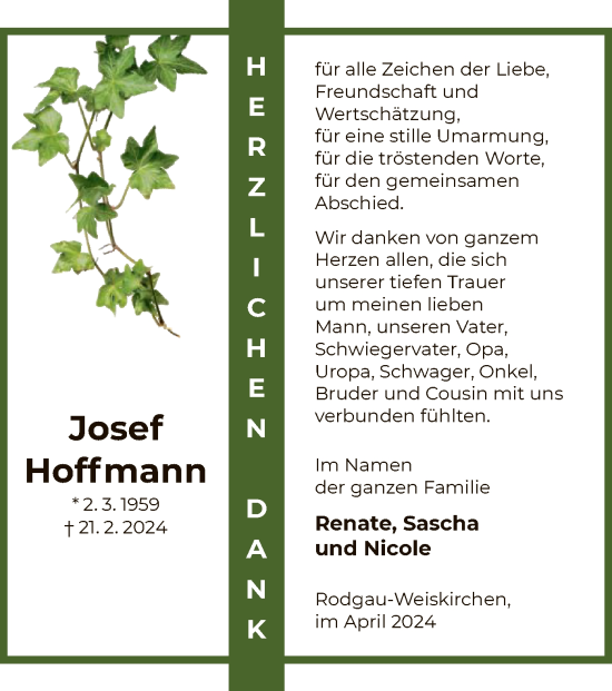 Todesanzeige von Josef Hoffmann von OF