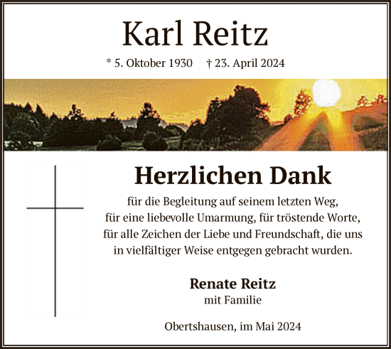 Todesanzeige von Karl Reitz von OF